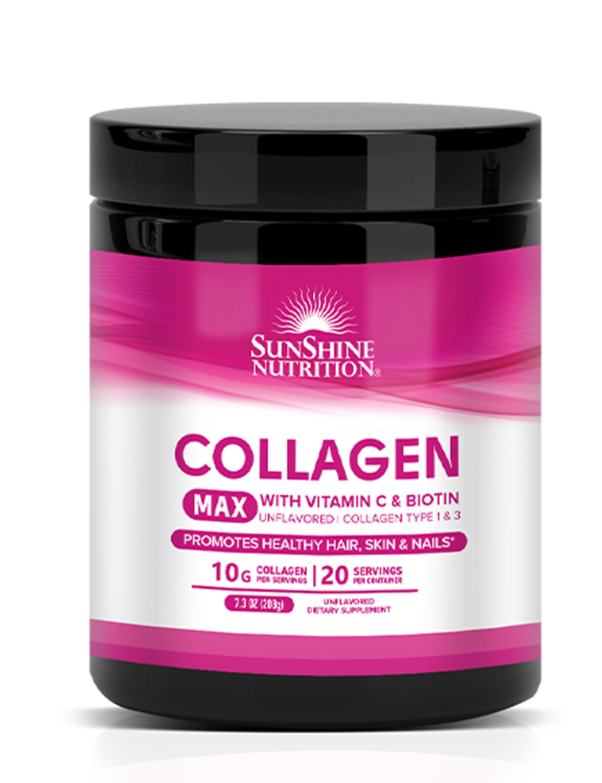 سانشاین پودر کلاژن COLLAGEN MAX WITH VITAMIN C& BIOTIN 7.3OZ - Sunshine Nutrition